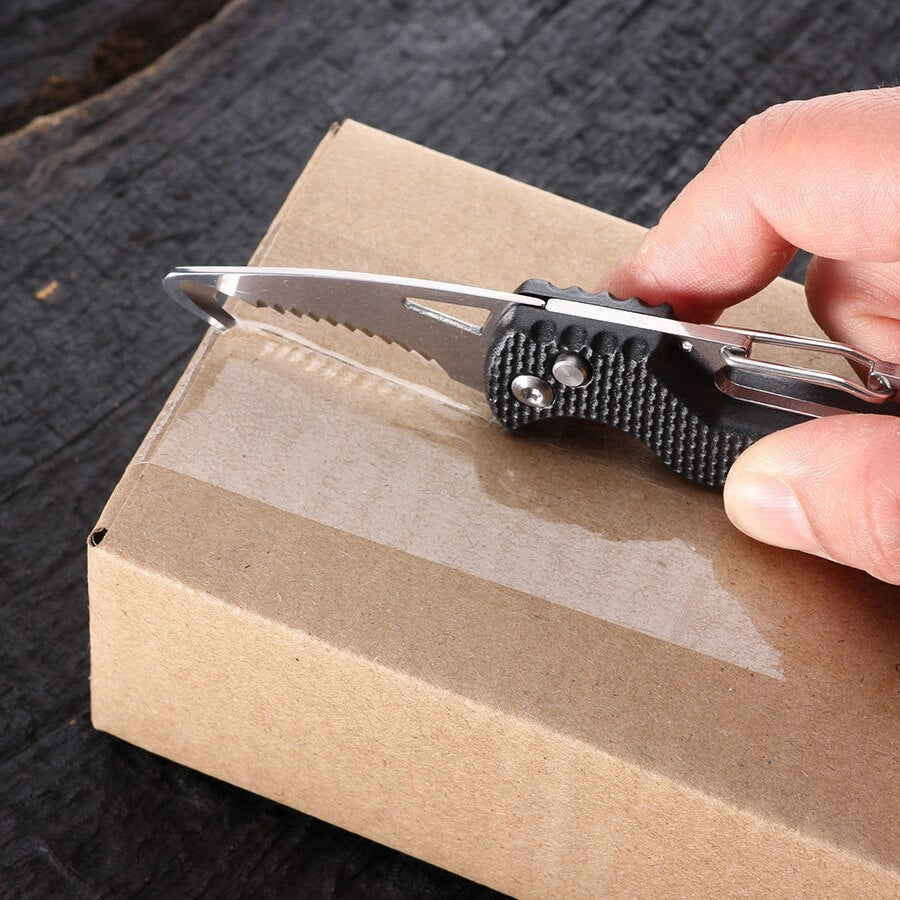 Couteau pliant portable pour porte-clés avec crochet dentelé